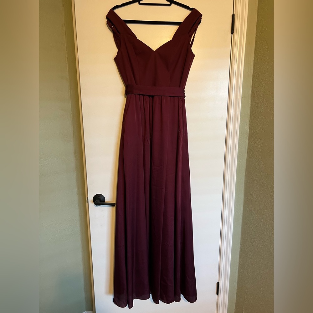 Davids Bridal Off-Shoulder Crepe Charmeuse Bridesmaid Dress - Wine Color, Size 6